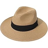 Lanzom Women Wide Brim Straw Panama Roll up Hat Fedora Beach Sun Hat UPF50+