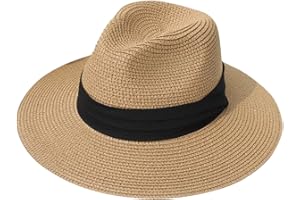 Lanzom Women Wide Brim Straw Panama Roll up Hat Fedora Beach Sun Hat UPF50+