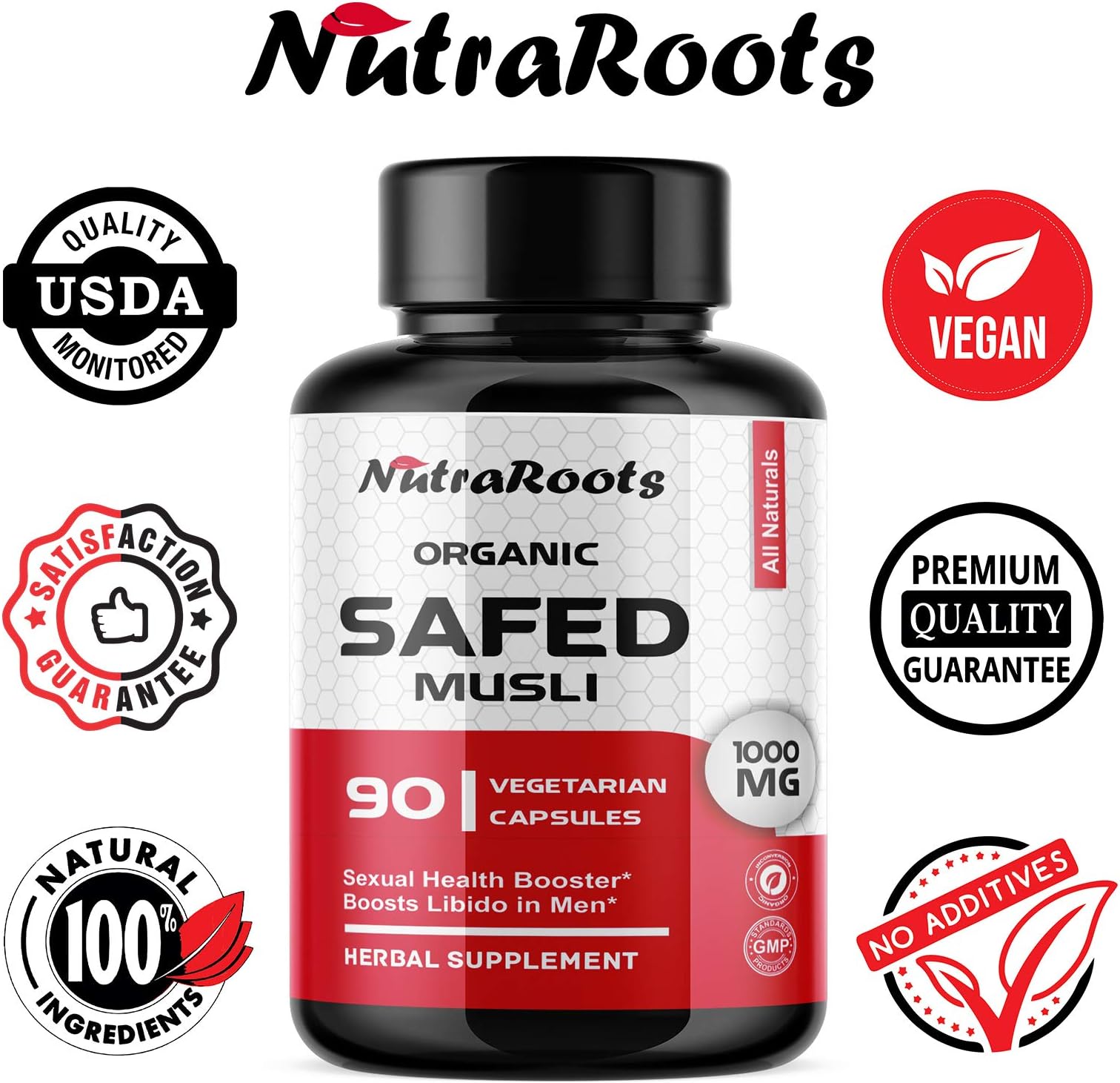 NutraRoots Certified Organic Safed Musli Borivilianum Chlorophytum Powder Capsules Men 90 caps 1000 mg for Natural Sexual Stamina Booster in Men