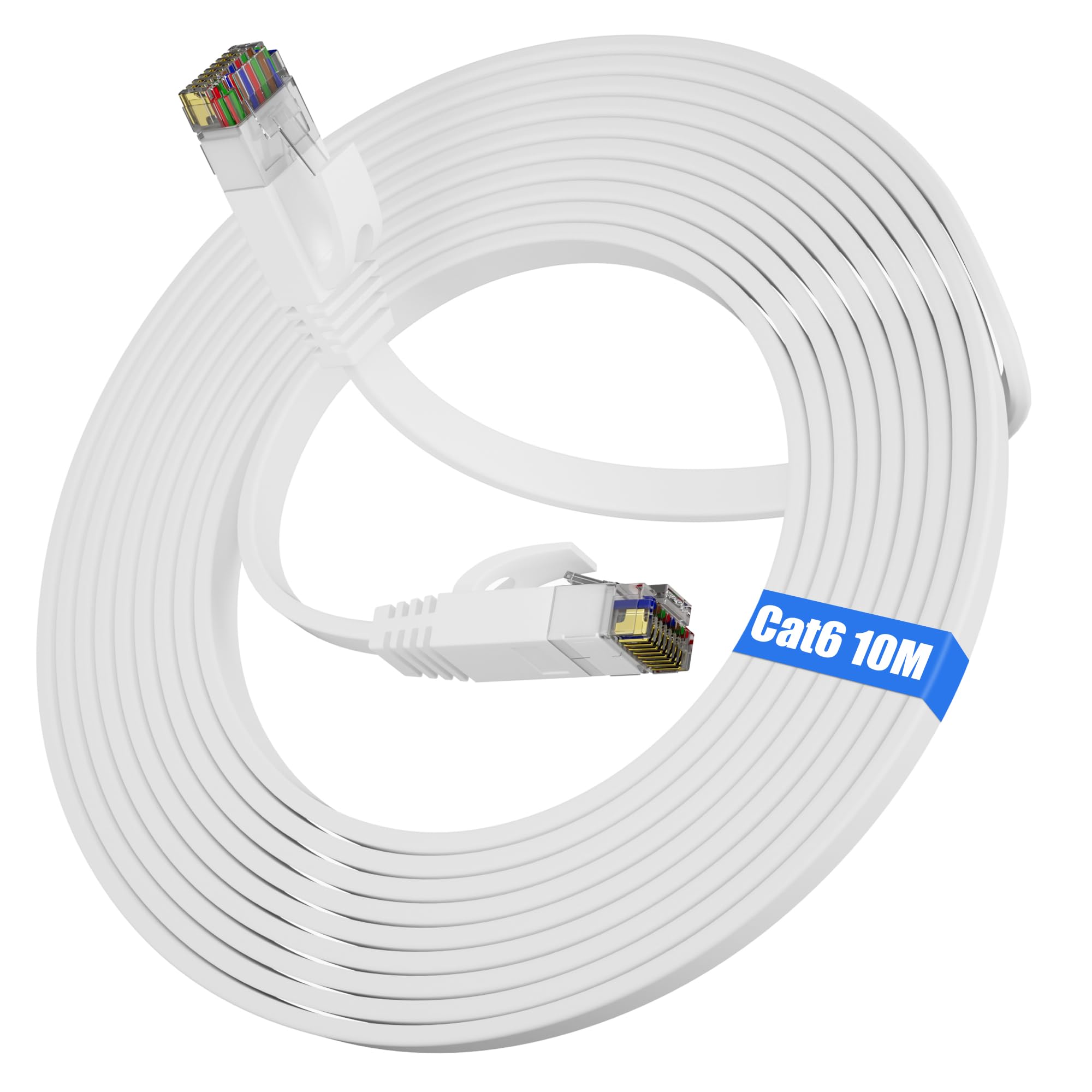 Soibke Cat 6 Ethernet Cable 10m, High Speed Internet Cable 10m Flat LAN RJ45 Cable Gigabit 1000Mbps Network Cable White Patch Extra Long Wifi Cables Slim Wlan Cables for Router