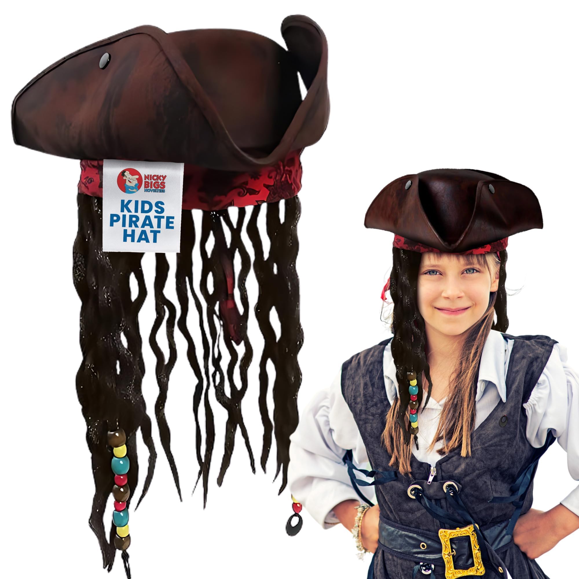 Photo 1 of Nicky Bigs Novelties - Kids Pirate Hat with Dreadlocks and Red Band with Floral Filigree - Buccaneer Wig for Girls and Boys Costume, Caribbean Pirate Tricorn Hat Accessory, Brown