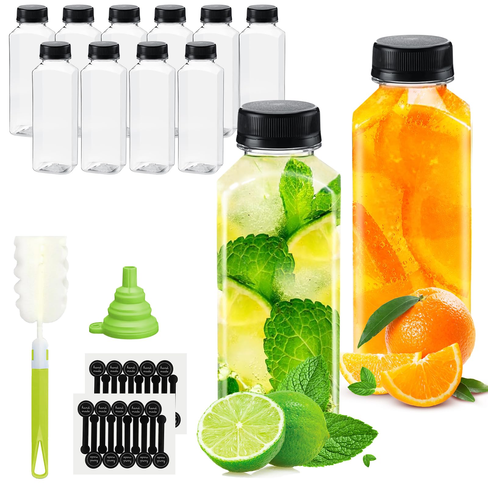 WenYa Reusable Plastic Juice Bottles, Leak-proof Bulk Beverage Bottles with Lids, Mini Fridge Bottles with Labels Funnel and Brush, Small Drink Containers for Juicing Smoothies - 17oz/500ml - 12 Pack