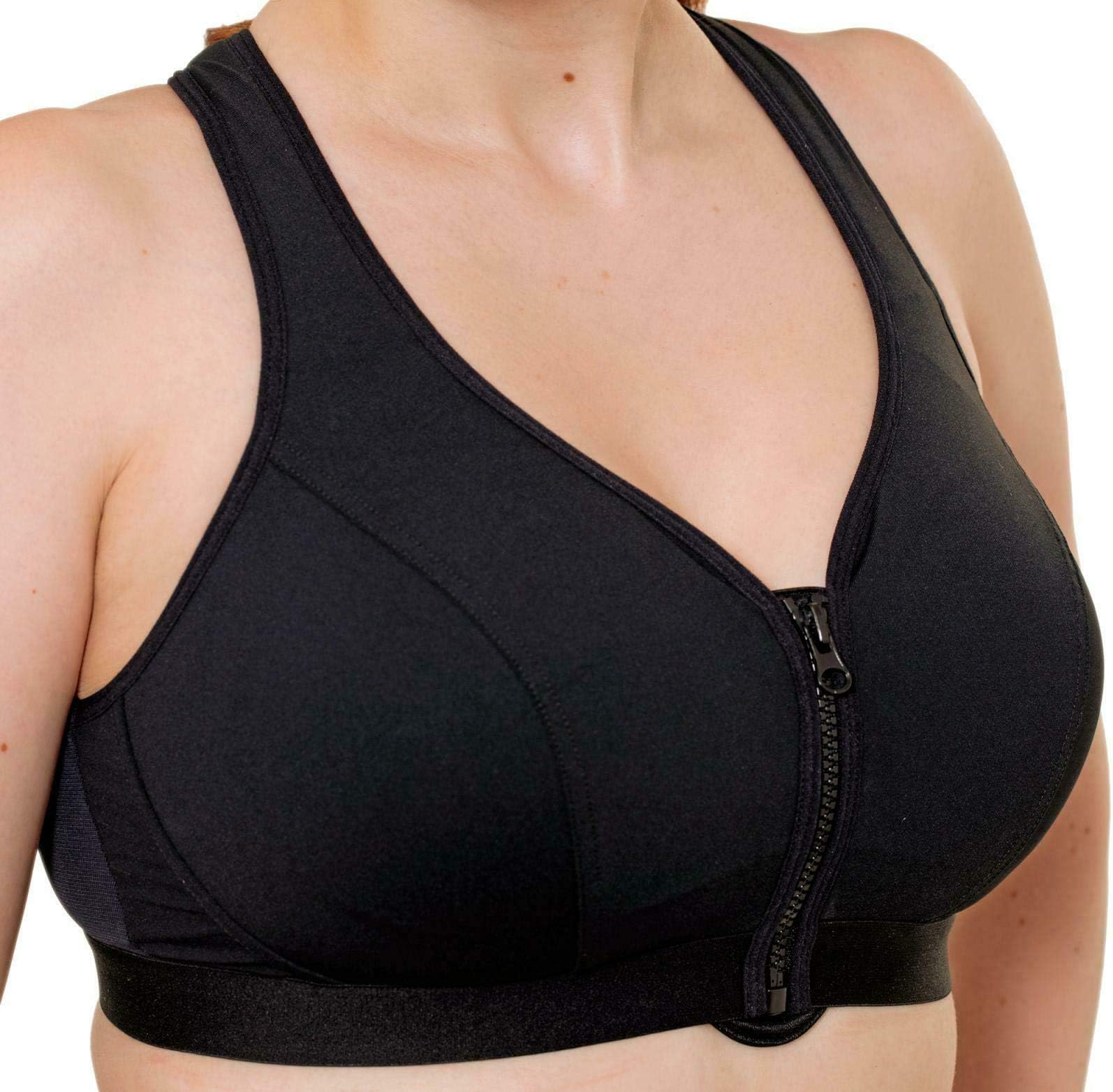Womens Plus Size Medium High Impact Non Wired Zip Front Black Active Sports Bra