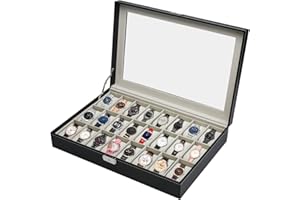 Potlimepan 24 Slot Black Leather Watch Box for Collection,Metal Buckle Watches/Jewely Display Storage with Removable Pillows