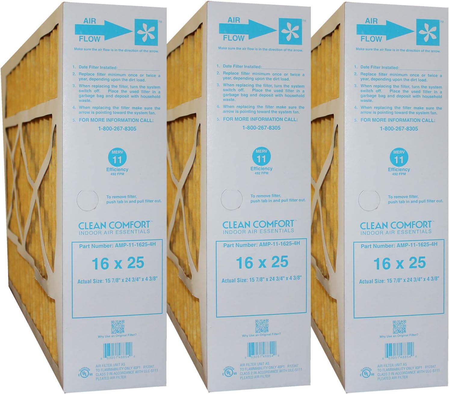 16x25x4 Replacement Furnace Air Filters MERV 11 Compatible With Honeywell (Box of 3)