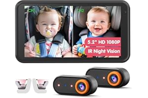 LUCKVIEW BM2 PRO Dual Baby Car Camera, 5.2" 1080P HD Display for Rear-Facing Car Seats, IR Night Vision, Anti-Shake Mount, Easy Install – Ideal for Parents with 2 Kids and Pets