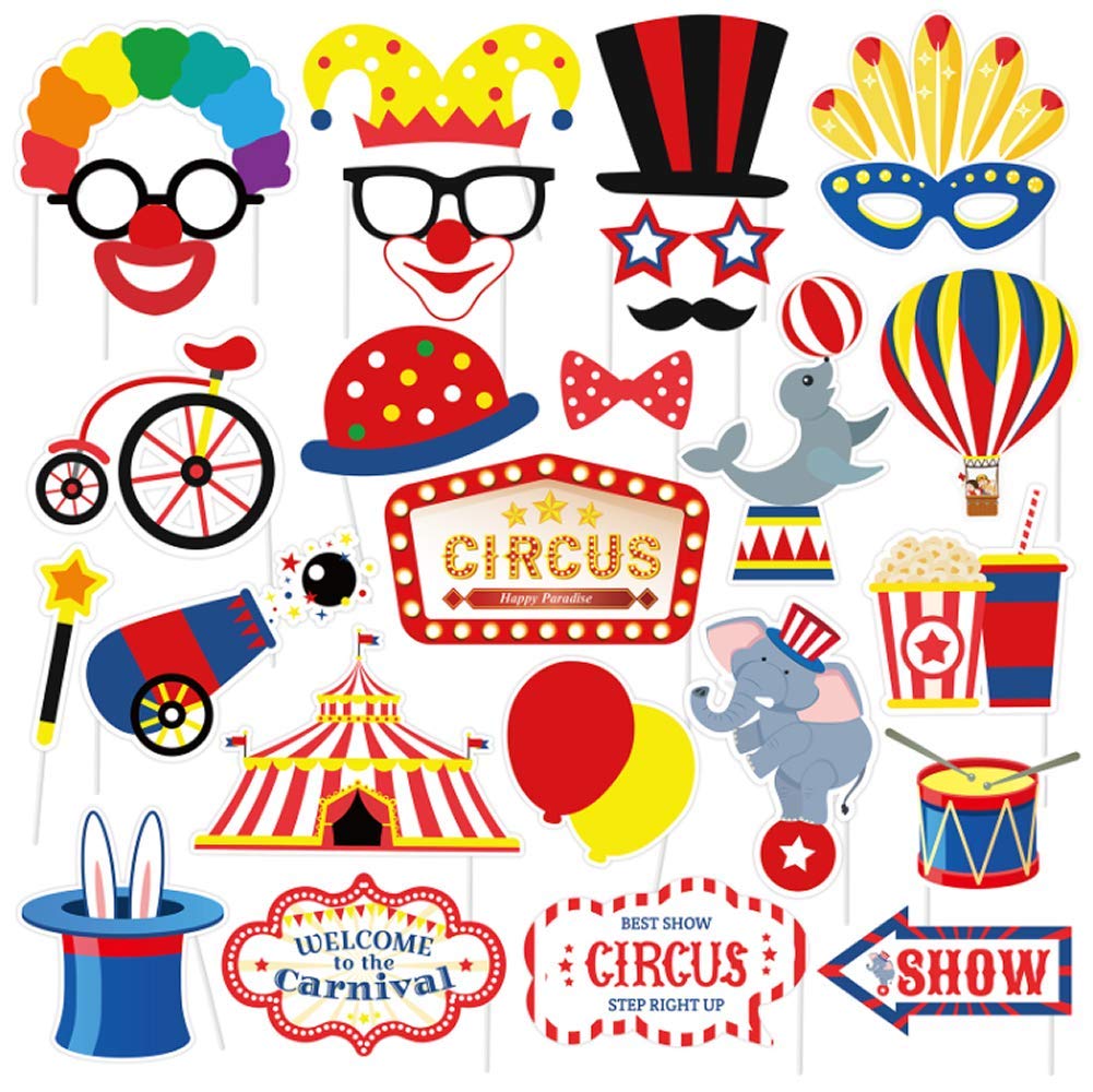 Dusenly Circus Carnival Photo Booth Props 27pcs Funny DIY Kit Clown Props for Birthday, Bachelorette, Wedding Party Decorations