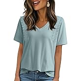 Dokotoo Women's Casual Summer T Shirts Short Sleeve V Neck Tops Lace Cotton Tshirts