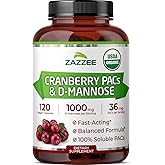 Zazzee USDA Organic Cranberry PACs &amp; D-Mannose, 36 mg PACs per Serving | 1000 mg D-Mannose per Serving, 120 Vegan Capsules, 2 Month Supply, Urinary Tract &amp; Bladder Support, Non-GMO, Made in the USA