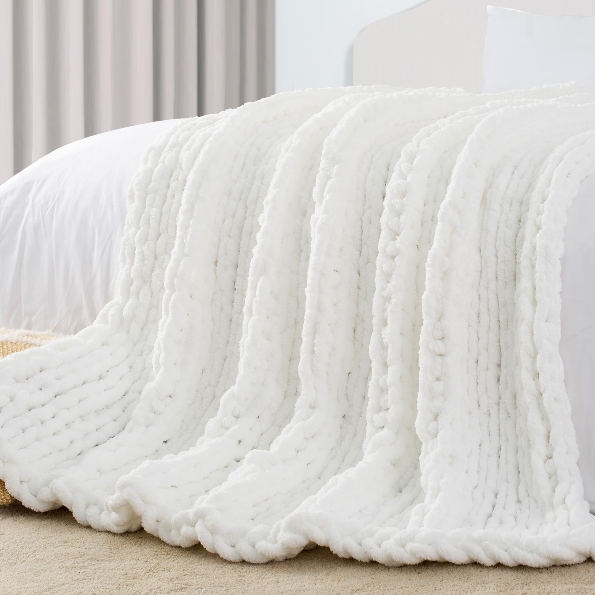 Photo 1 of Carriediosa Chunky Knit Throw Blanket 50" X 60", 100% Hand Made Large Chenille Loop Yarn Soft Fluffy Throws for Couch Sofa Bed, Big Crochet Cozy Heavy Thick Cable Woven Blankets, Snow White