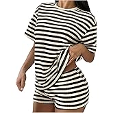 Milumia Women 2 Pieces Striped Lounge Set Round Neck Oversized T Shirts Shorts Matching Set