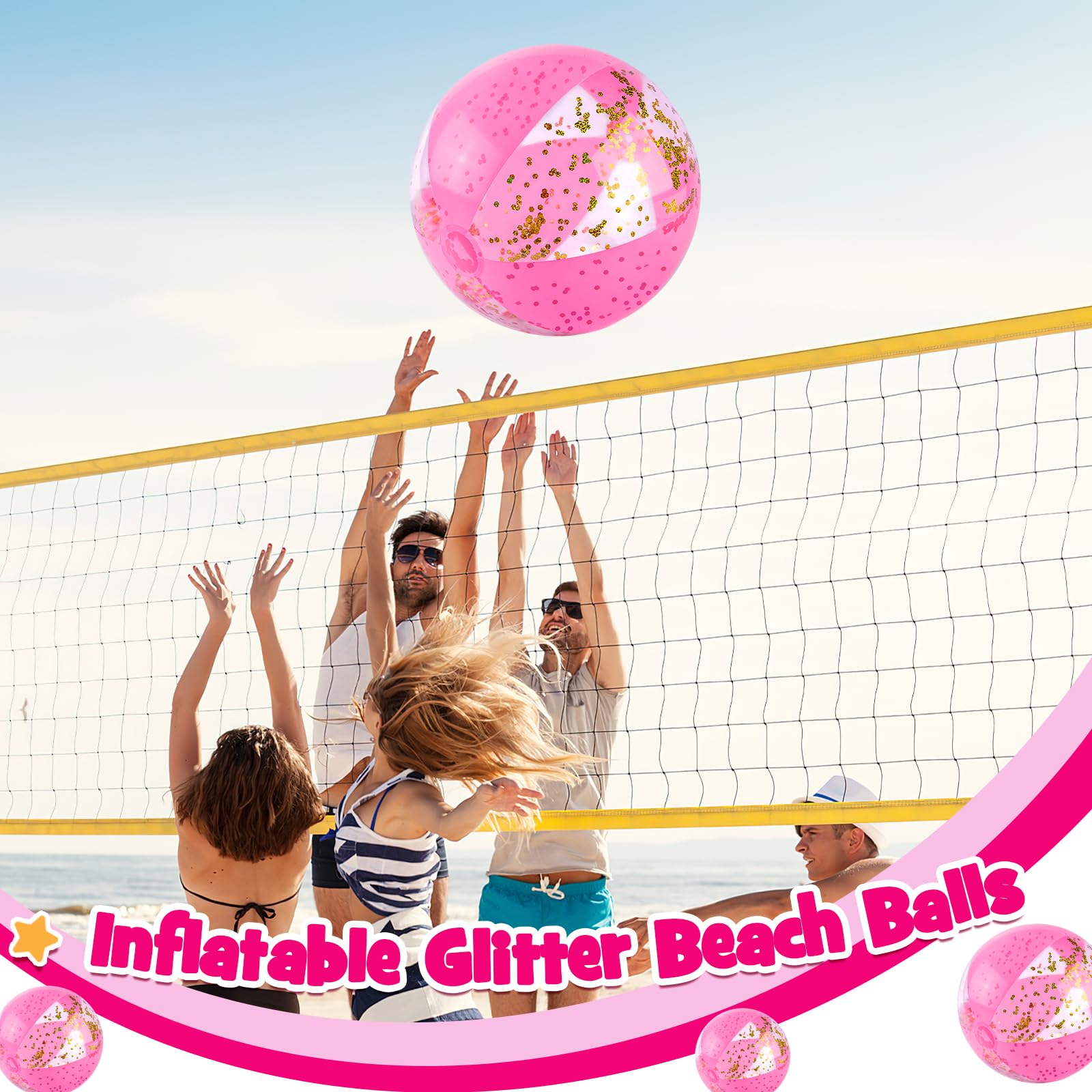 AMOR PRESENT 2PCS Inflatable Beach Balls, Glitter Beach Balls 16inch Pink Balls for Kids Toddlers Swimming Pool Party Summer