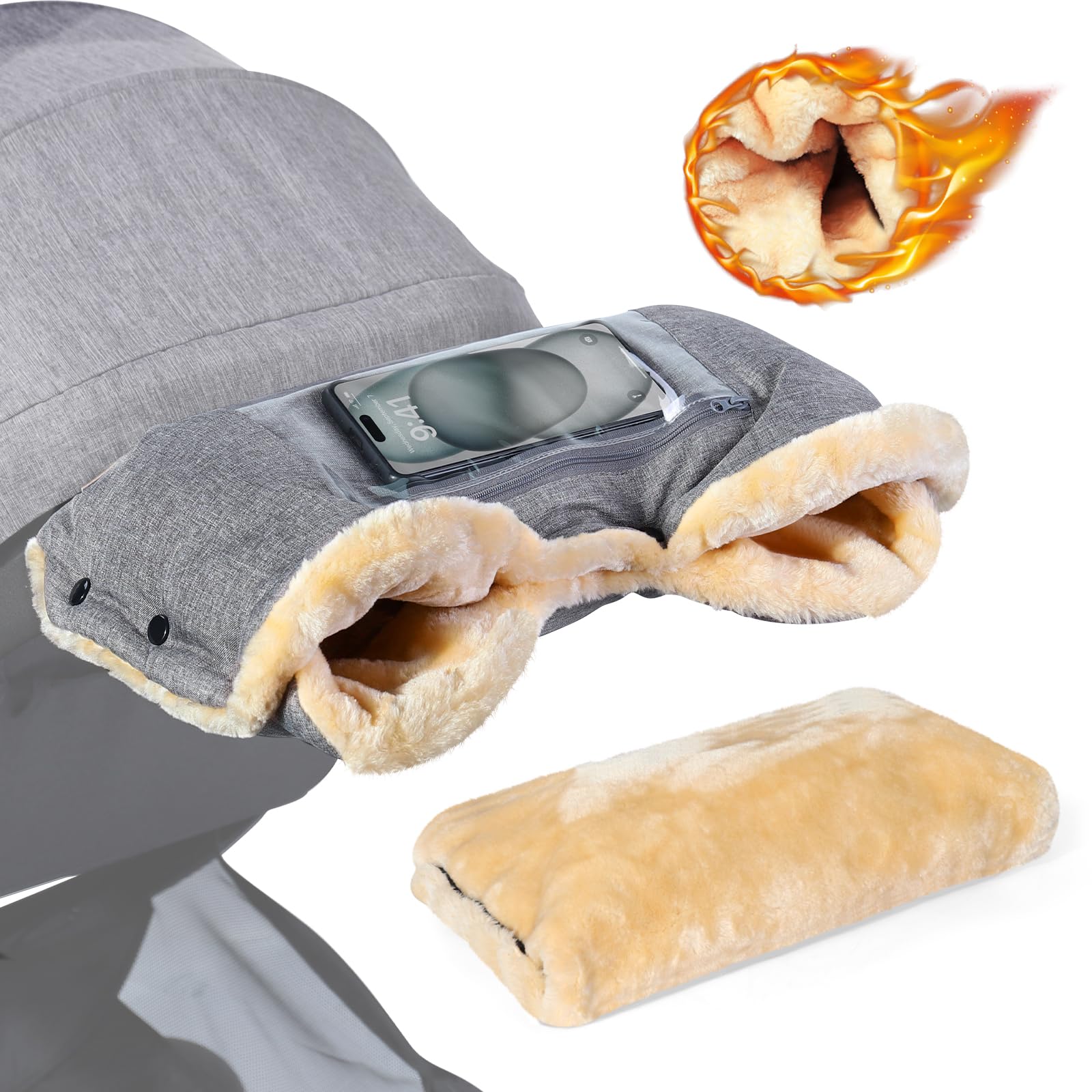 Orzbow Pram Gloves, Warm Pram Hand Muff with Faux Woolen Fleece, Stable Pushchair Hand Muff with Phone Pocket, Weatherproof Fabric, Extreme Comfort, Tight Fit, Pram Gloves for Stroller in Winter, Grey