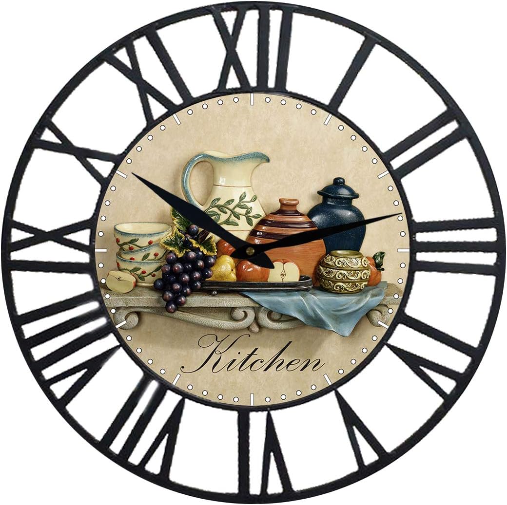 Farm House Wall Clock with Fruit Dish Design Theme and Black Iron Frame Home Decoration Wooden and Metal Round 16 inch Wall Clock