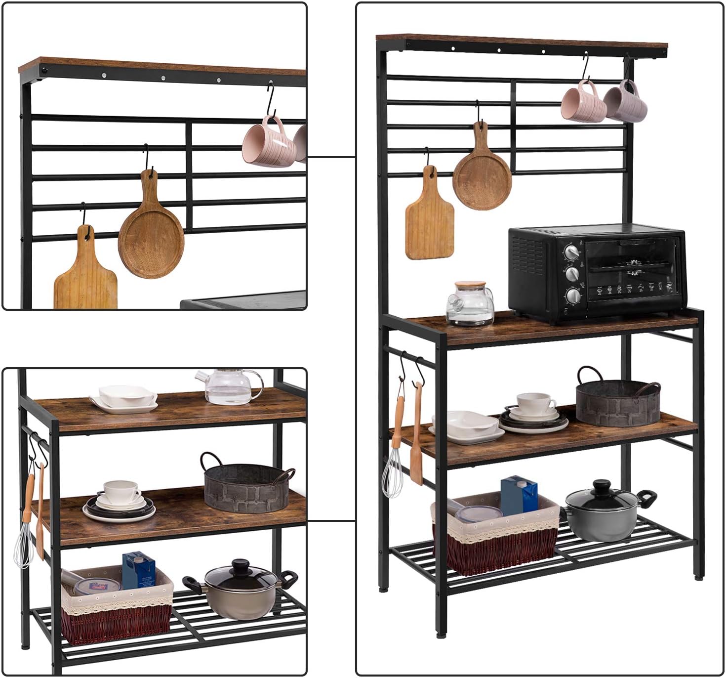 HOOBRO Kitchen Baker's Rack, Kitchen Microwave Oven Stand with High Display Shelf, 2 Wood Shelves and Mesh Panel, Kitchen Island Rack with 6 Hooks, Adjustable Feet, Metal Frame, Rustic Brown BF01HB01 - Standing Baker's Racks