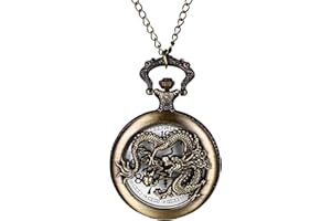 JewelryWe Dragon Pocket Watch for Men Women Classic Analog Quartz Watch Vintage Pendant Necklace Watch with Chain for Mother'