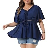 Agnes Orinda Women's Summer Plus Size V Neck Top Tie Short Sleeves Elastic Waist Casual Peplum Shirts Blouse