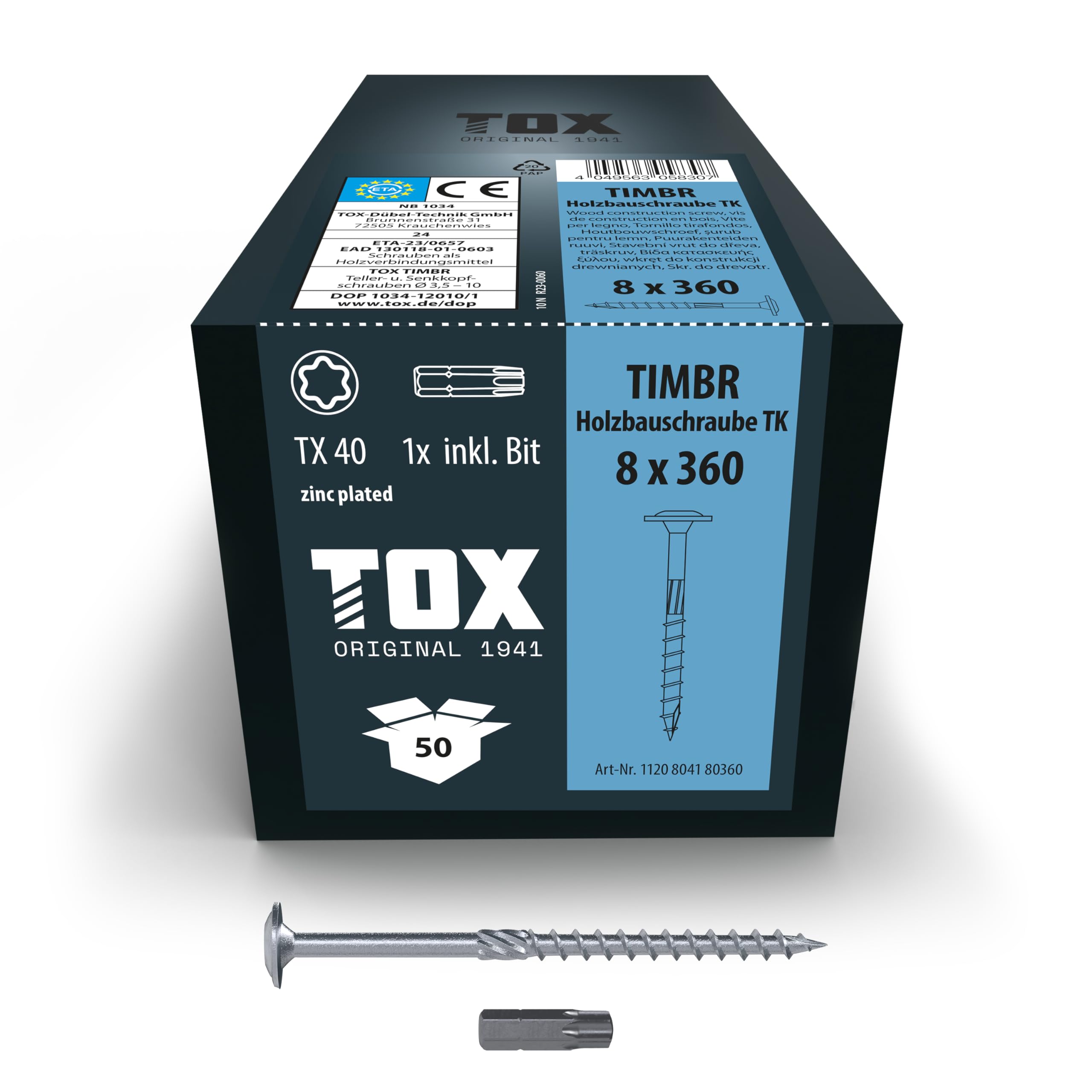 TOX Timbr TK 1120804180360 Wood Screws 8.0 x 360 mm, Blue Galvanised with Flat Head, TX40, Screws for Easy Screwing and High Load Capacity in Wood Construction, Pack of 50 in Box Including 1x Bit