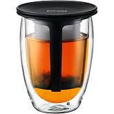 Bodum 12oz Tea Strainer w/Lid, Double Wall, High-Heat Borosilicate Glass, Black