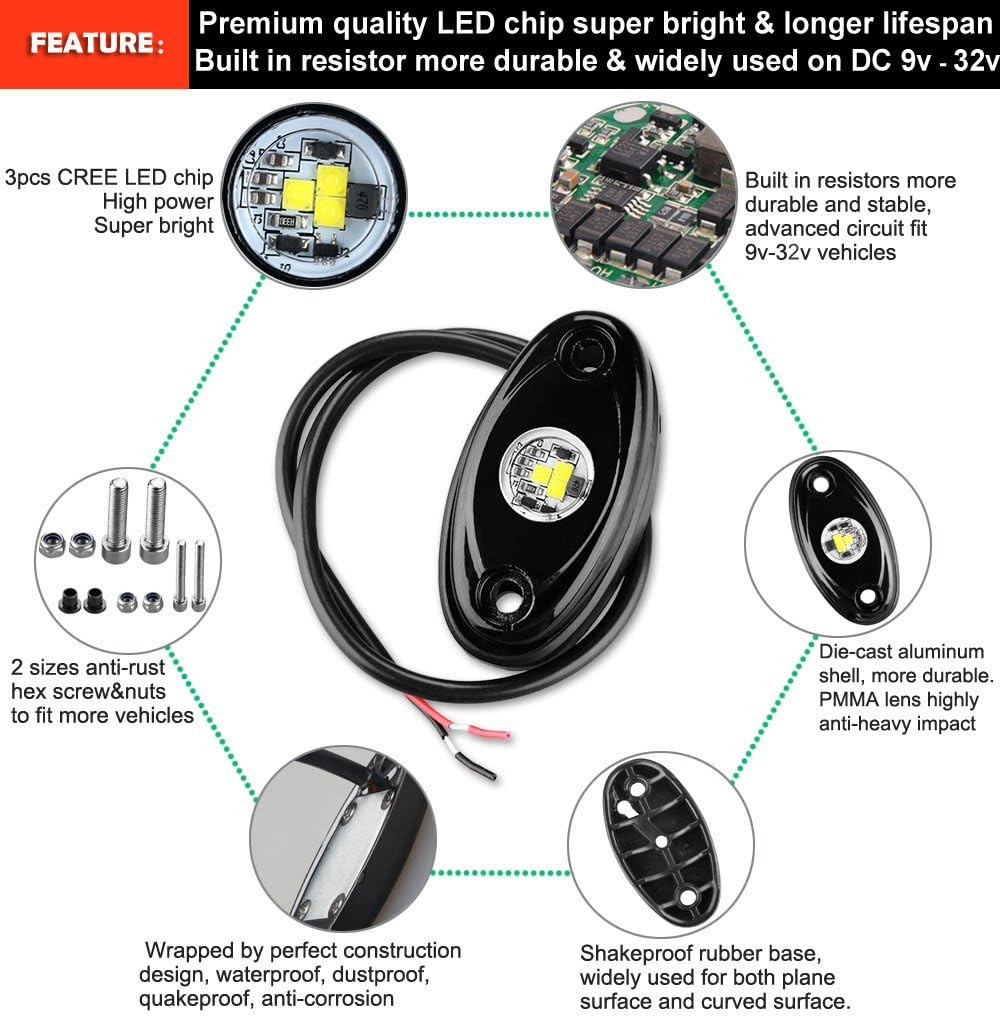 Amak 4 Pods LED Rock Light Kit for JEEP ATV SUV Offroad Car Truck Boat Underbody Glow Trail Rig Lamp Underglow LED Neon Lights Waterproof - White: Automotive