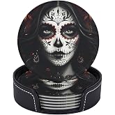 Sugar Skull Coasters with Holder Leather Coasters for Drinks Set of 6 Funny Halloween Drink Coasters Sets for Living Room Kitchen Coffee Bar Holiday Decor
