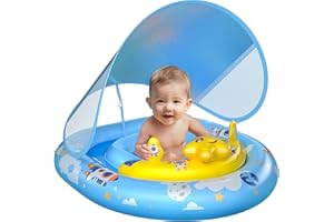 WayEee Baby Pool Float with UPF50+ Canopy - Inflatable Swim Float, Adjustable Safety Seat, Toy Play Console, Sun Protection for Baby 6-36 Months, Infant, Todder Summer Gift, Pool, Bathtub, Beach