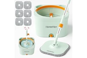 HoMettler Spin Mop and Bucket with 6 Microfibra Replaceable Mop Pads, Self Separation Dirty and Clean Water System Self Wringing 360° Rotating Square Mop-Head (1 Bucket + 52'' Mop + 6 Microfibra Pads)