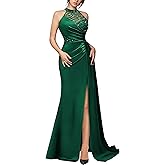 Miusol Women's Sexy Halter Sequin Lace Satin High Split Ruched Style Evening Party Maxi Dress
