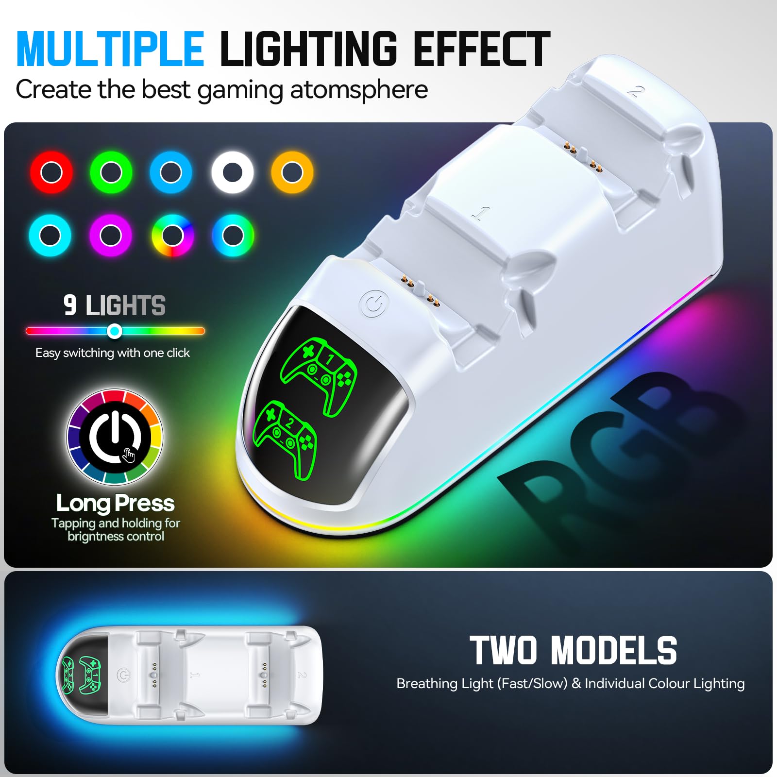 RGB PS5 Ladestation, 2St. Schnelles PS5 Ladegerät für PS5 Original & Edge Controller, mit LED Anzeigen & 9 RGB Beleuchtung, PS5 Controller Ladestation für PlayStation 5 Zubehör, Weiß 4
