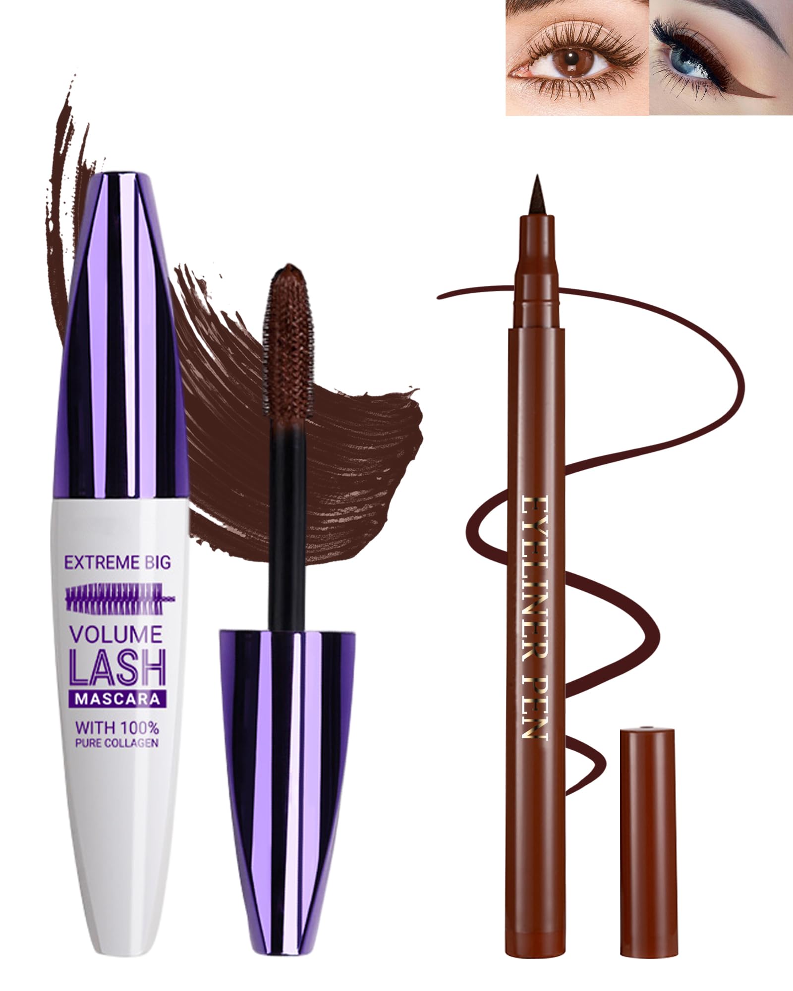 Brown Waterproof Mascara & Eyeliner Set, 5D Silk Fiber Liquid Lash Extensions Colored Tubing Mascara Volume and Length, Long Lasting, Smudge-Proof Curling Non-Clumping