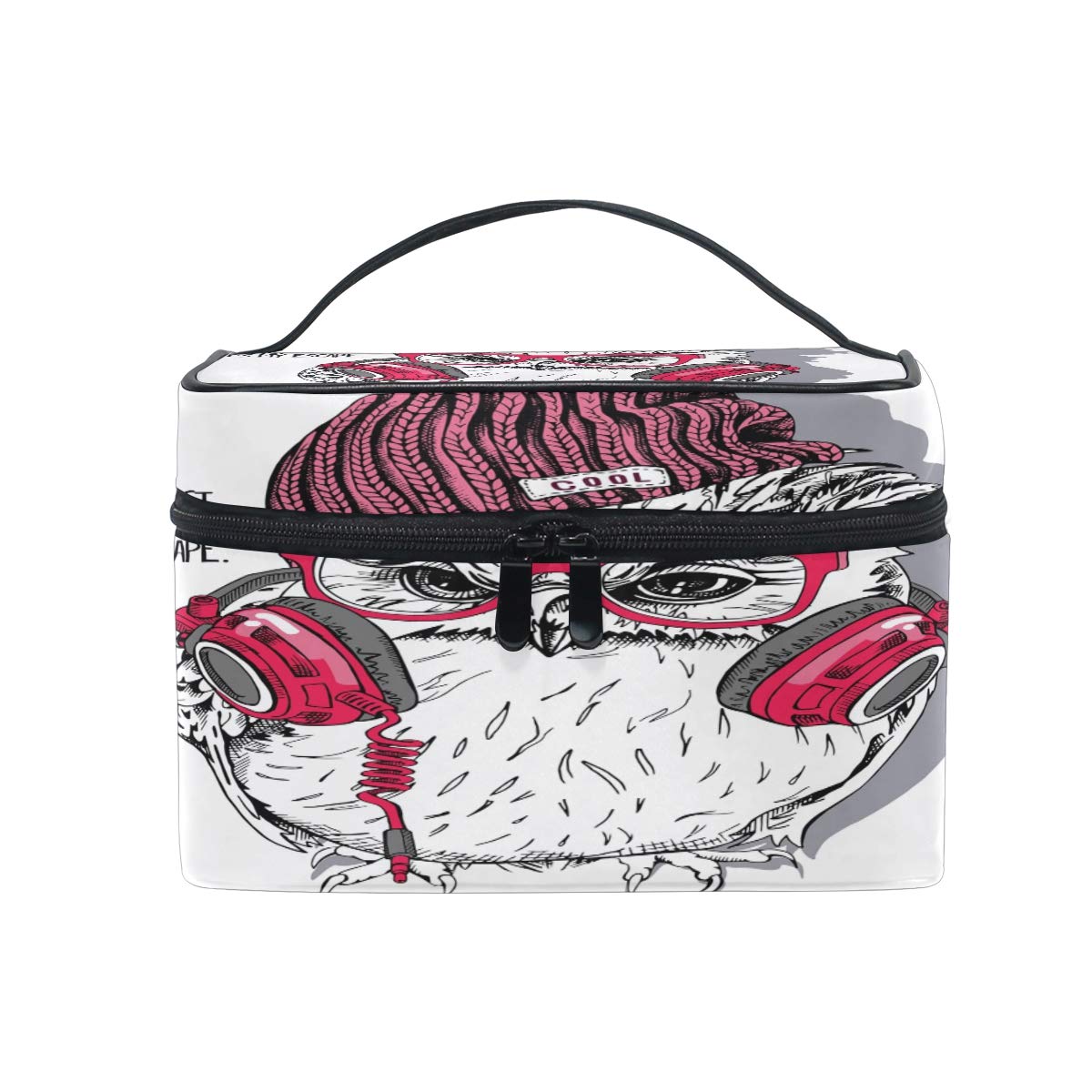 Cosmetic Bag Cute Owl DJ Funny Makeup Bag Travel Toiletry Bag Cosmetic Train Case Make-Up Tote Organizer Box Storage With Mesh Bag Brush Holder for Women Kids Girls Men