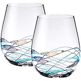 Bezrat Stemless Wine Glasses Set of Two | Hand Painted Large Premium Red and White Wine glasses | Lead-Free Crystal | Essential Wine Gift | 18 Ounces (Blue)