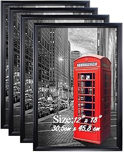 PETAFLOP 12x18 Frame Black Poster Frame 12x18 Hanging Picture Frames for 12 x 18 Inch Print, Set of 4