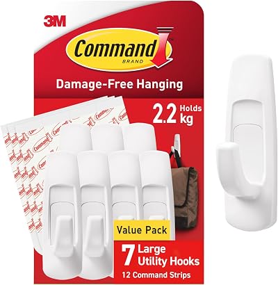 Command Large Utility Hook Pack of 7 Hooks and 12 Strips White Holds 2.2 kg
