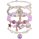 DS 4PCS Beaded Charm Bracelets for Teen Girls Dainty cute cartoon Crystal Beads Pearl Bracelets anklets set for woman and girls Adjustable Stretch bracelet birthday Gift For Friends