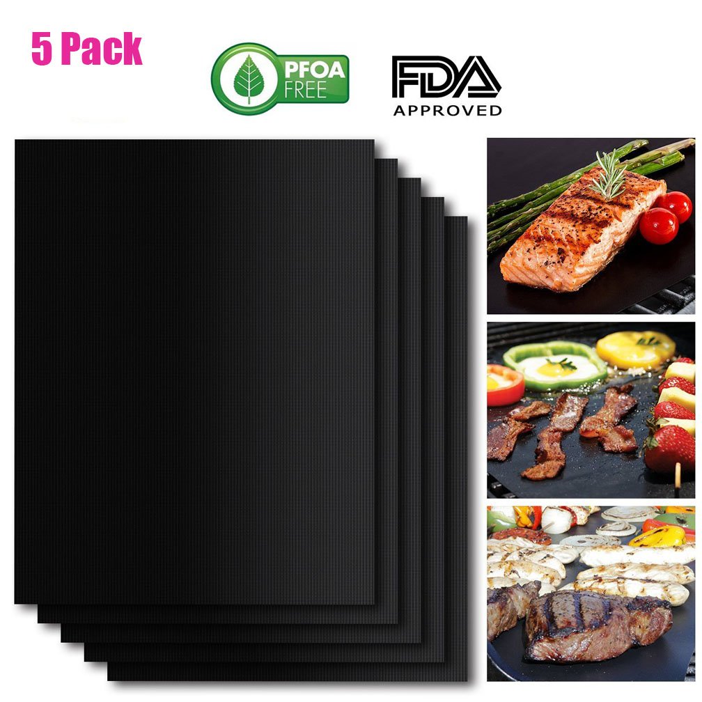 Dewanxin Grill Mat, Non-Stick BBQ Grill Mats, Set of 5 Barbecue Mat Durable, Heavy Duty, Reusable and Easy to Clean, FDA-Approved, PFOA Free