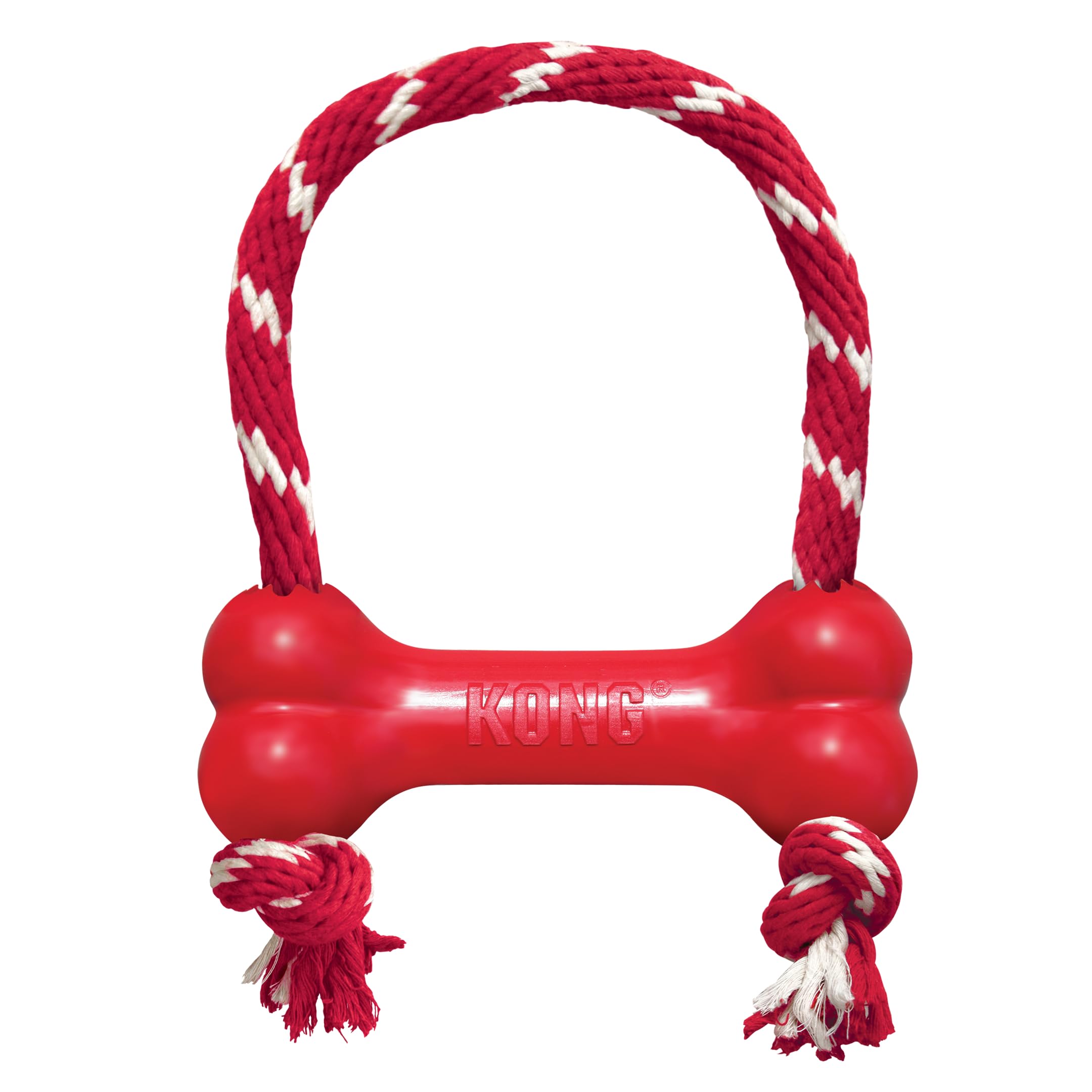 KONG Goodie Bone with Rope - Classic Durable Natural Rubber Dog Bone - Treat Dispensing - For Medium Dogs, Red