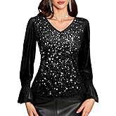 HomRain Womens Long Sleeve Sparkle Velvet Top Casual Shirts V Neck Glitter Night Out Tops for Elegant Evening