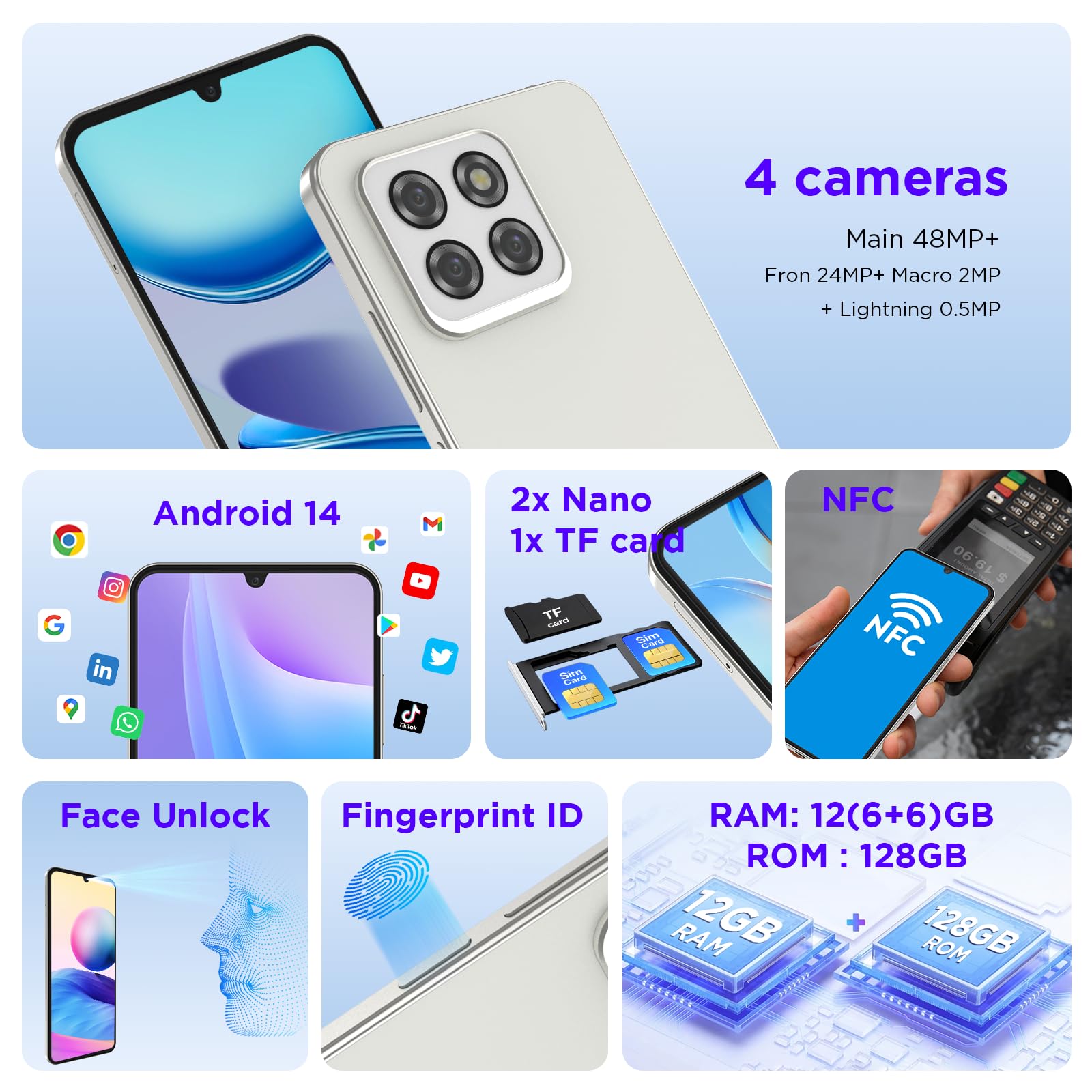 Android 14 Unlocked Cellphone,12GB+128GB expandable Mobile Phone Without Contract Smartphone,Octa Core 6.75 