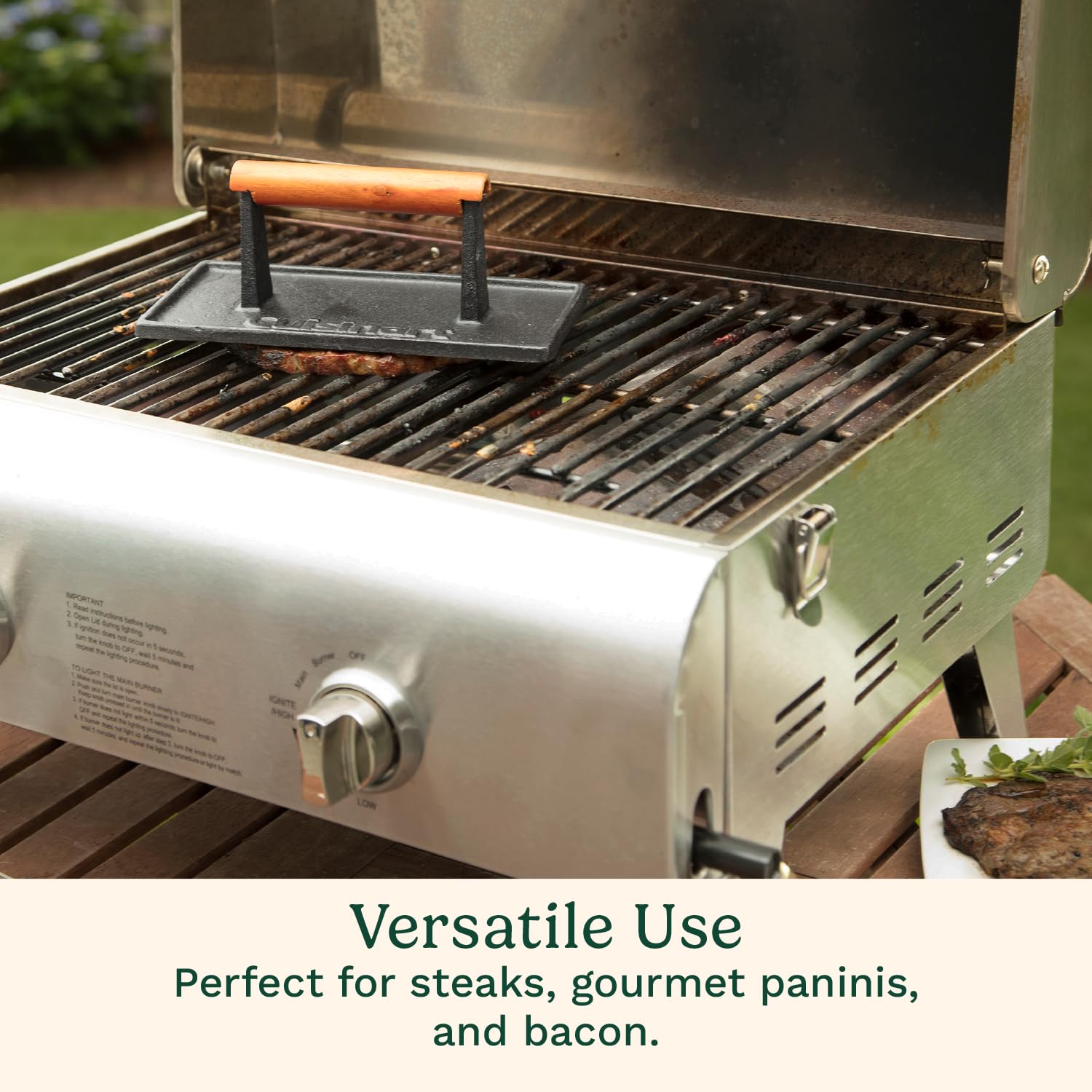 Cuisinart Cast Iron Grill Press with Wooden Handle, Heavy Duty Nonstick Rectangle Burger Press with Wood Handle, Perfect Grill Accessory for Steak, Bacon, Paninis and More