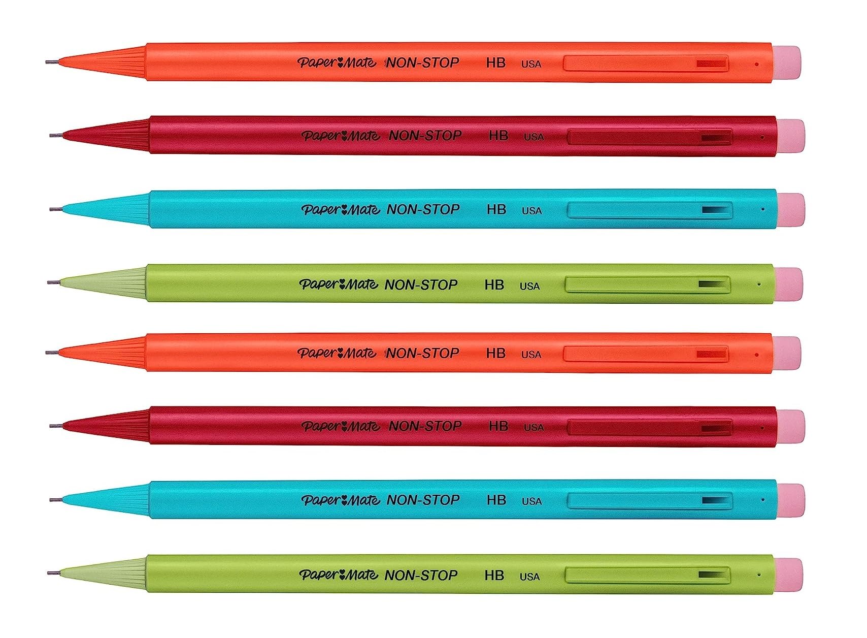 Paper Mate Non-Stop Mechanical Pencils With Eraser - 0.7mm - HB #2 - Assorted Colours - Pack of 8 Pencils