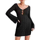 Saodimallsu Womens Crochet Swimsuit Coverup Summer Sexy V Neck Long Bell Sleeve Mesh Knit Bikini Cover Ups Beach Dresses