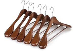TOPIA HANGER Wide Shoulder Wooden Hangers, Suit Hangers with Non Slip Pants Bar & 360° Swivel Hook, Solid Wood Heavy Duty Coat Hanger, 6 Pack (Walnut)-CT02WA