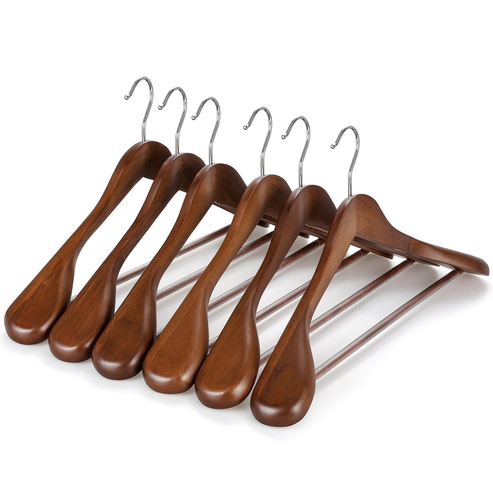 Photo 1 of TOPIA HANGER Wide Shoulder Wooden Hangers, Suit Hangers with Non Slip Pants Bar & 360° Swivel Hook, Solid Wood Heavy Duty Coat Hanger, 6 Pack (Walnut)-CT02WA