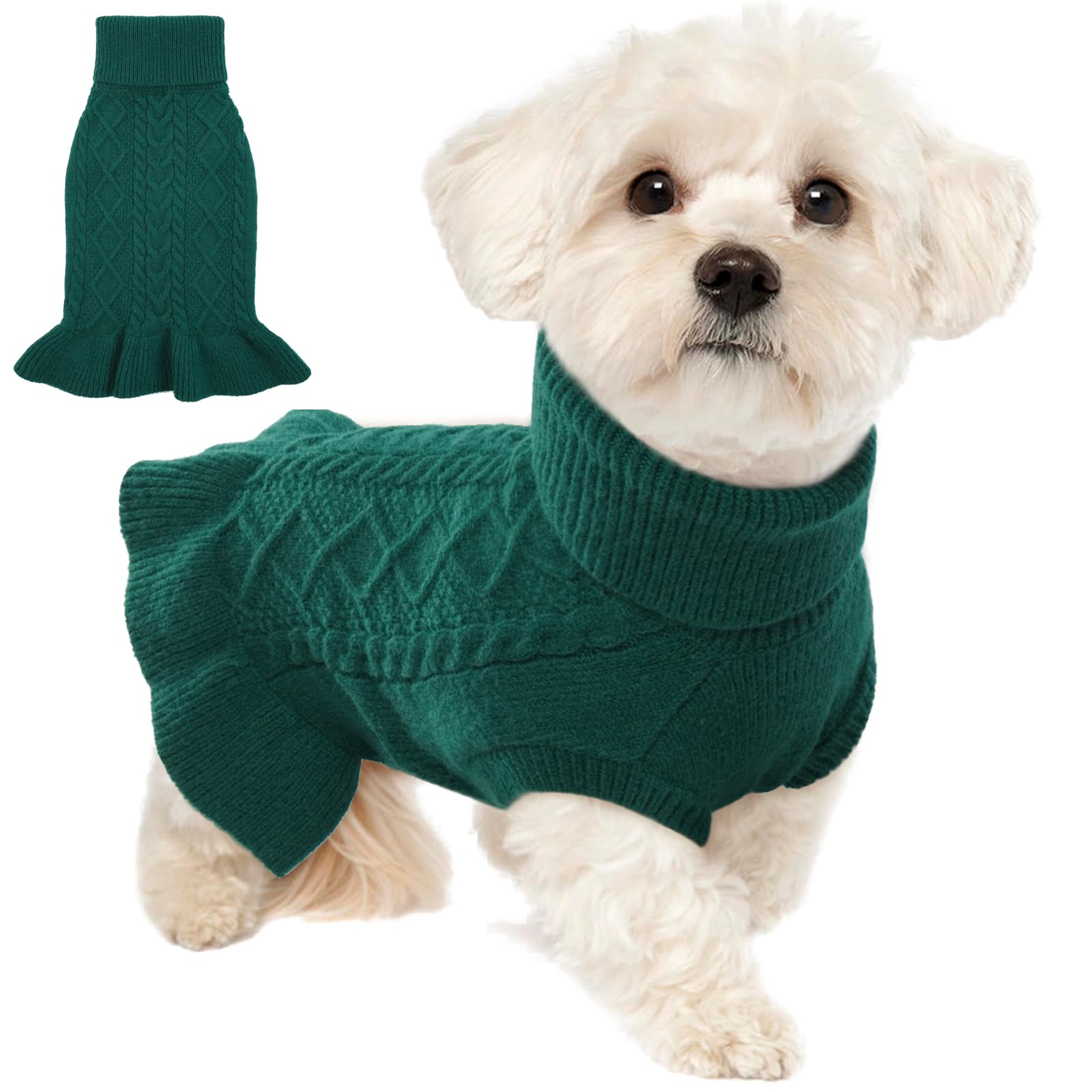 Lelepet Small Dog Sweater Dress, Puppy Jumper Dog Sweaters for Girls Turtleneck Warm Knitwear Fall Dog Pullover Dress Knit Sweaters for Small Dogs Vest Pet Sweater, Yorkie, Maltese, Dark Green, S
