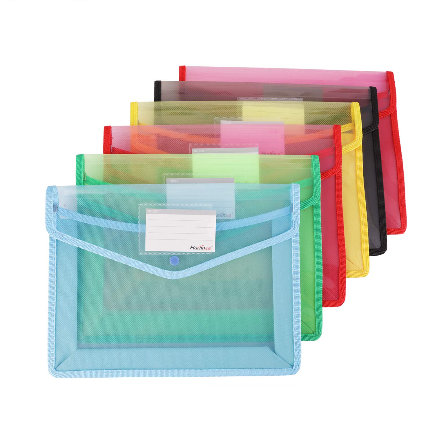 Plastic Wallets Folders - DesignerBox A4 Popper Wallets Plastic Document Folder Premium Poly Pockets Envelope with Business Card Holder and Snap Closure for School, Office, Home(Pack of 6)