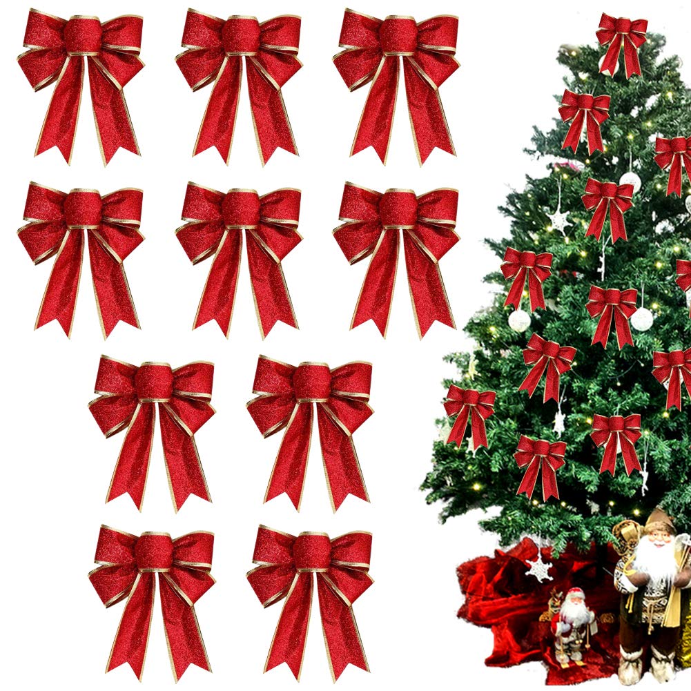 BTGGG 10 Pieces Bows for Presents Christmas Bows Xmas Tree Ornaments Glitter Bowknot Ribbon Christmas Decorations for Presents Box, Party, 25 * 20CM (Red)