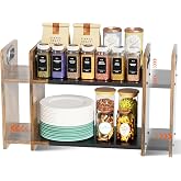 Xpatee 2-Tier Expandable Spice Rack Organizer for Countertop,15.2"-21.5" | Metal & Wood ,Adjustable Height Spice Racks Shelf 