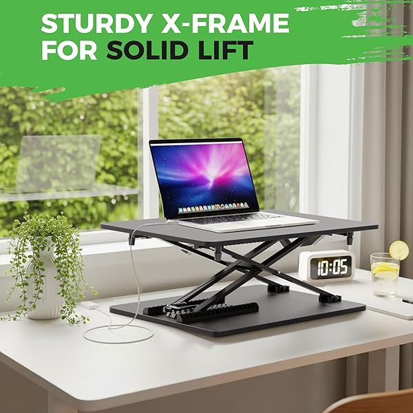 PBUGAC STANDING DESK CONVERTER ADJUSTABLE HEIGHT, 25.16″ × 15.75″ HEIGHT ADJUSTABLE DESKTOP RISER, NO ASSEMBLY REQUIRED, DESKTOP WORKSTATION FOR LAPTOP, MONITOR AND OFFICE USE (BLACK)