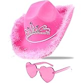 JICASTO Cowboy Hat Pink Cowgirl Hat with Sequins & Tiara Crown for women Rodeo Party Hats with Heart Glasses